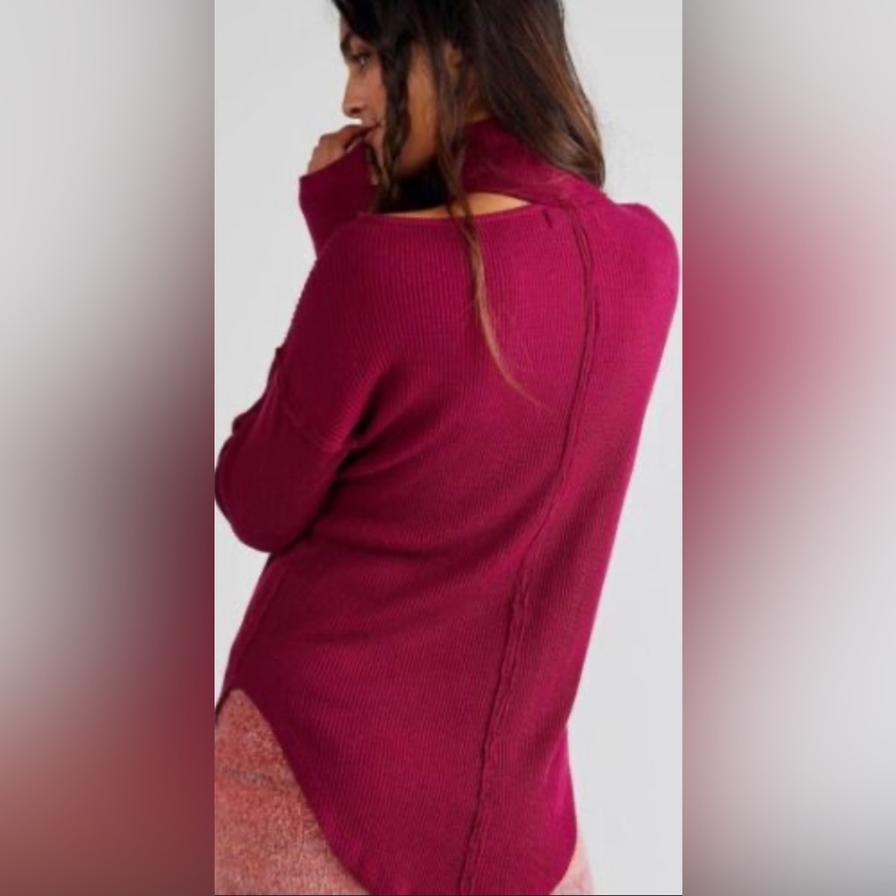 NWT Free People Just For You Cutout Shoulder Mock Neck Thermal Top, Wine, L - Picture 2 of 7